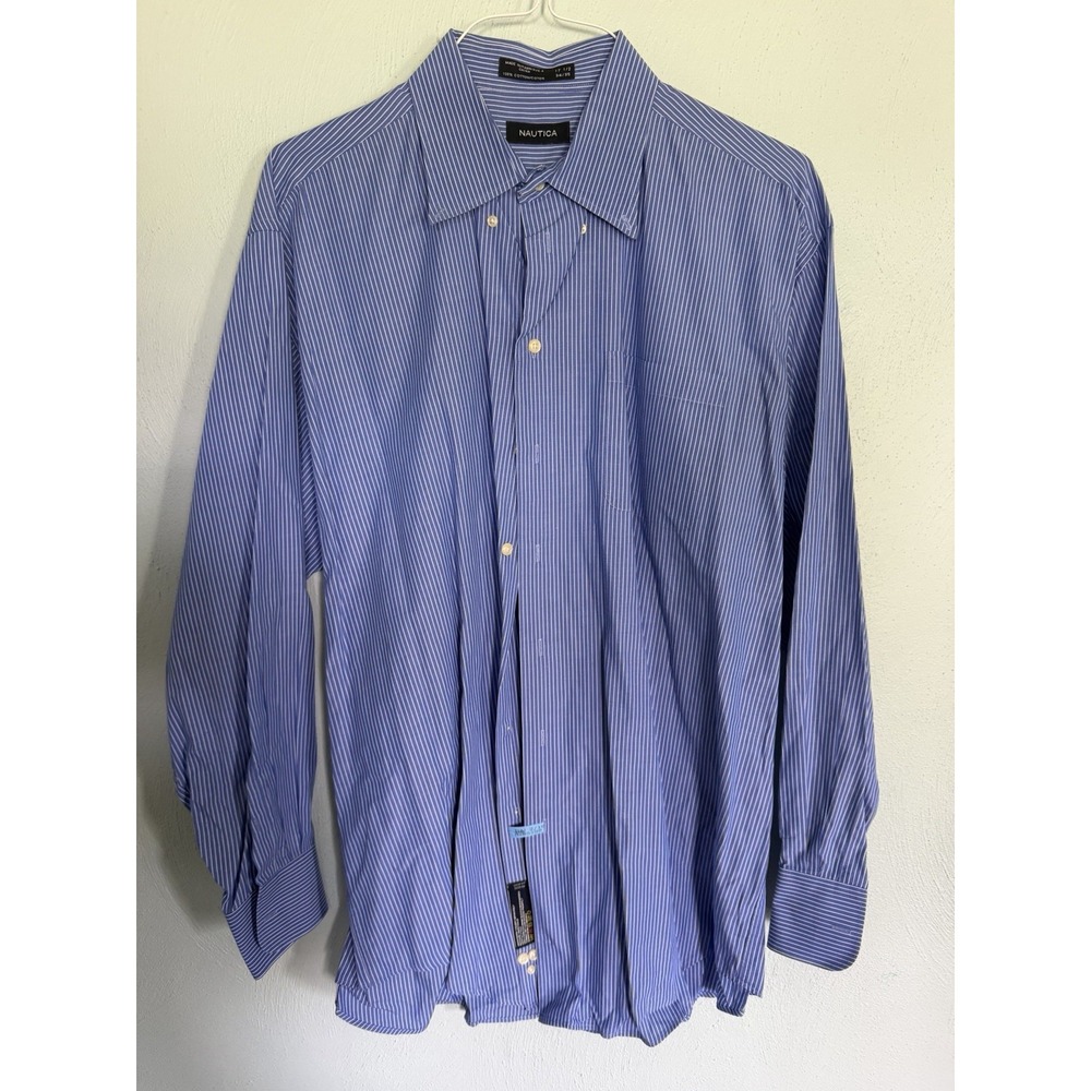 Nautica blue & white striped long-sleeve cotton dress shirt Sz 17 1/2